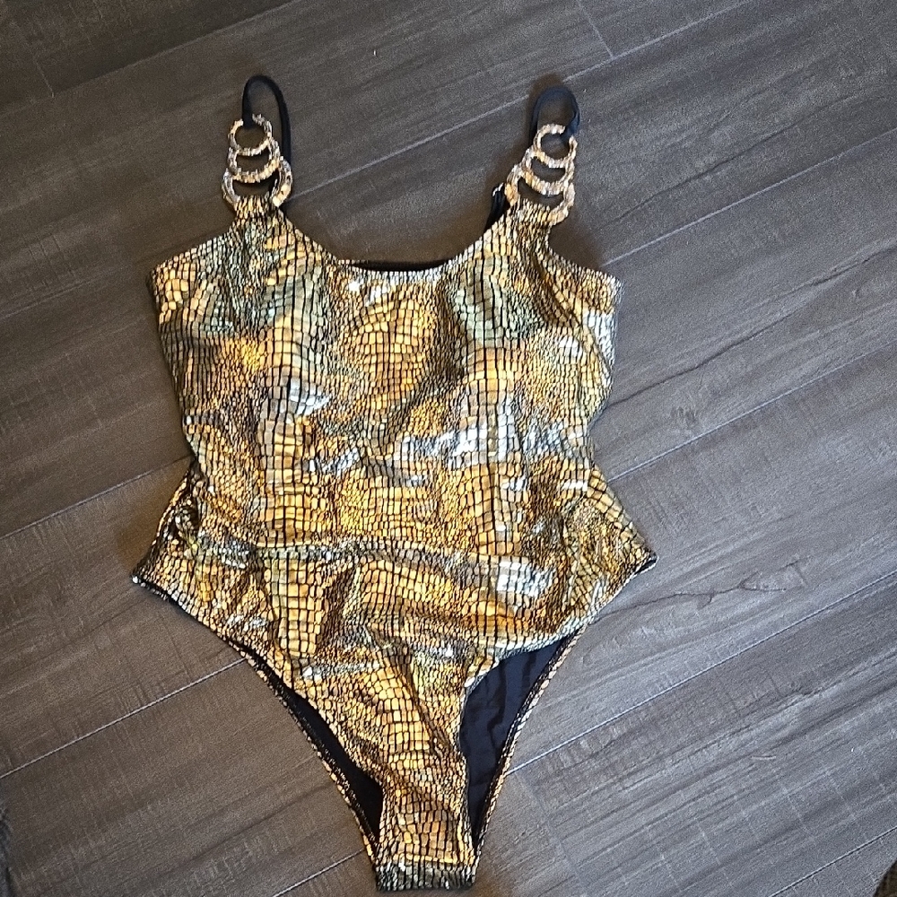 Gold and Black Swimsuit with Chain Straps